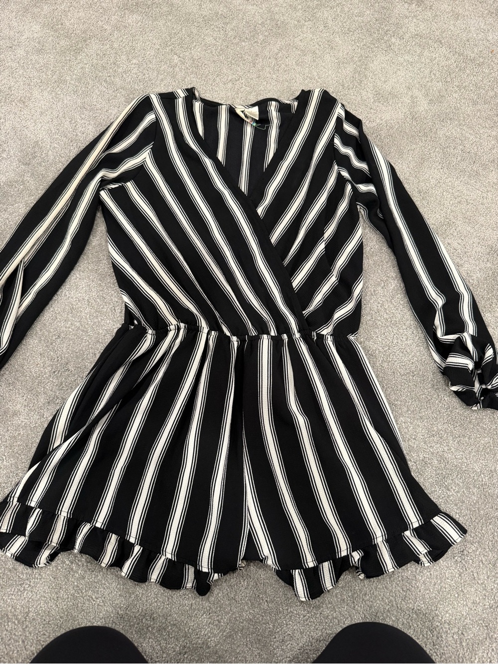 Mimi Chica Black and White Striped Long Sleeve Wrap Romper Dress